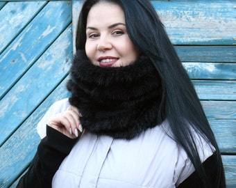 Real mink scarf, Fur snood women, Minky fur infinity scarf, Fur neck warmer, Winter hooded scarf, Warm fluffy scarf, Knitted hood, Mom gift