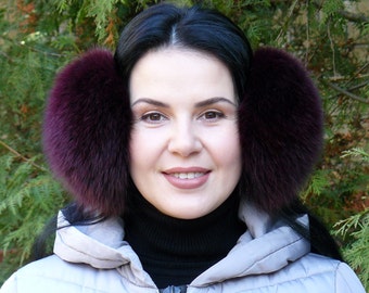 Warm fluffy earmuffs women, Fox fur earmuffs, Big fuzzy ear warmer, Burgundy furry earmuffs, Winter fuzzy ear muffs