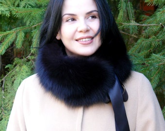 Real Fox Fur Collar, Black Fur Collar Women, Fluffy Scarf Wrap, Detachable Collar For Coat, Black Fur Collar With Ribbon, Short Fur Collar