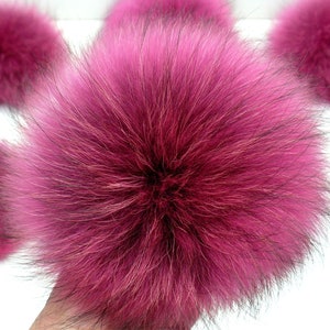 Raccoon Fur Pom Pom Hat Accessory, Large Pompom for Knitted Hat, Detachable Pink PomPom, Craft Furry PomPom