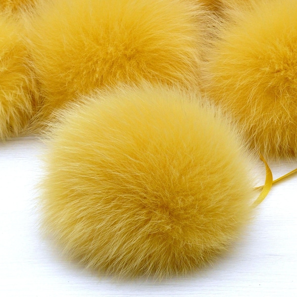 Fur yellow pompom for hat, Mustard detachable pom pom with ribbon, DIY pom pons, Gifts for her, Fluffy ball for baby hat, Fur bommel