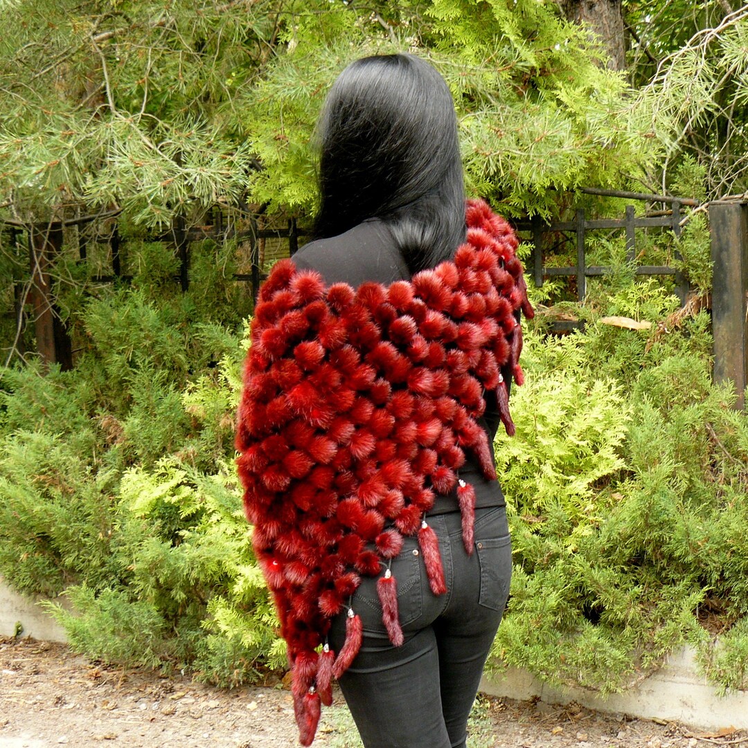 Burgundy Fur Shawl Wrap, Triangle Mink Fur Shawl, Red Minky Fur, Fall