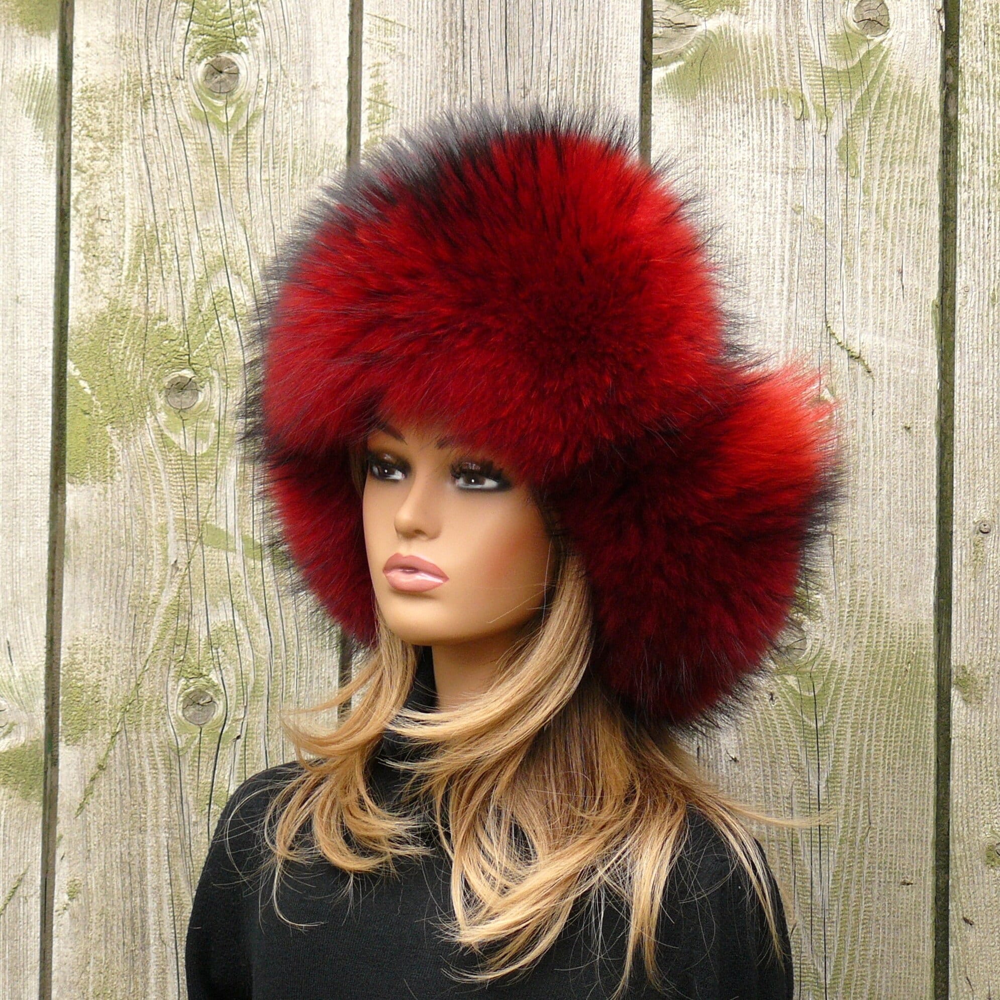 URSFUR Women's Real Rex Rabbit Fur Peaked Cap - Spiral Design Coffee & Red, Windproof Winter Hat - View #6