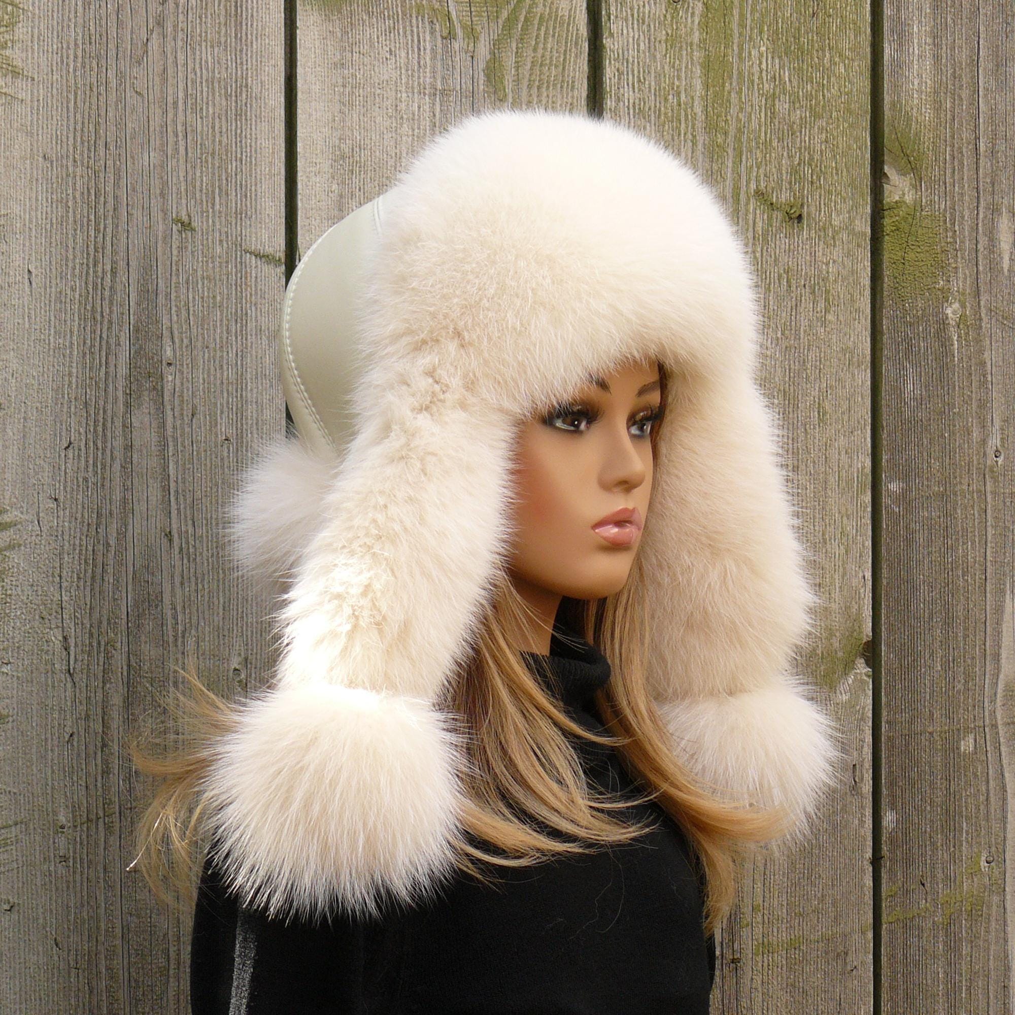 Real Cream Fur Trapper Hat for Women, Warm Hat With Ear Flaps