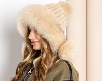 Warm Winter Fur Hood, Real Fur Bonnet With Ear Flaps 