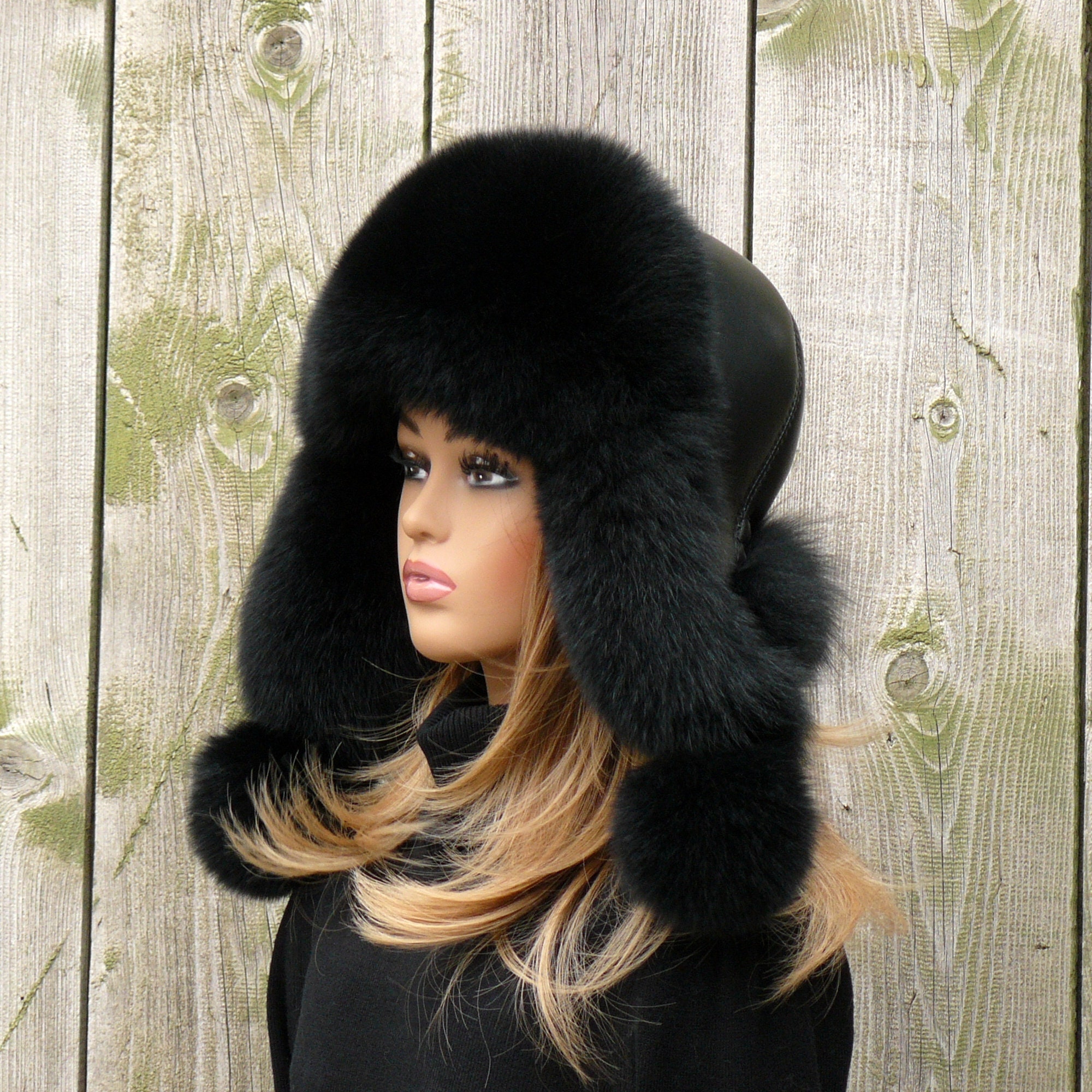 Real Fur Trapper Hat, Black Fox Fur Hat Woman, Aviator Fur Hat