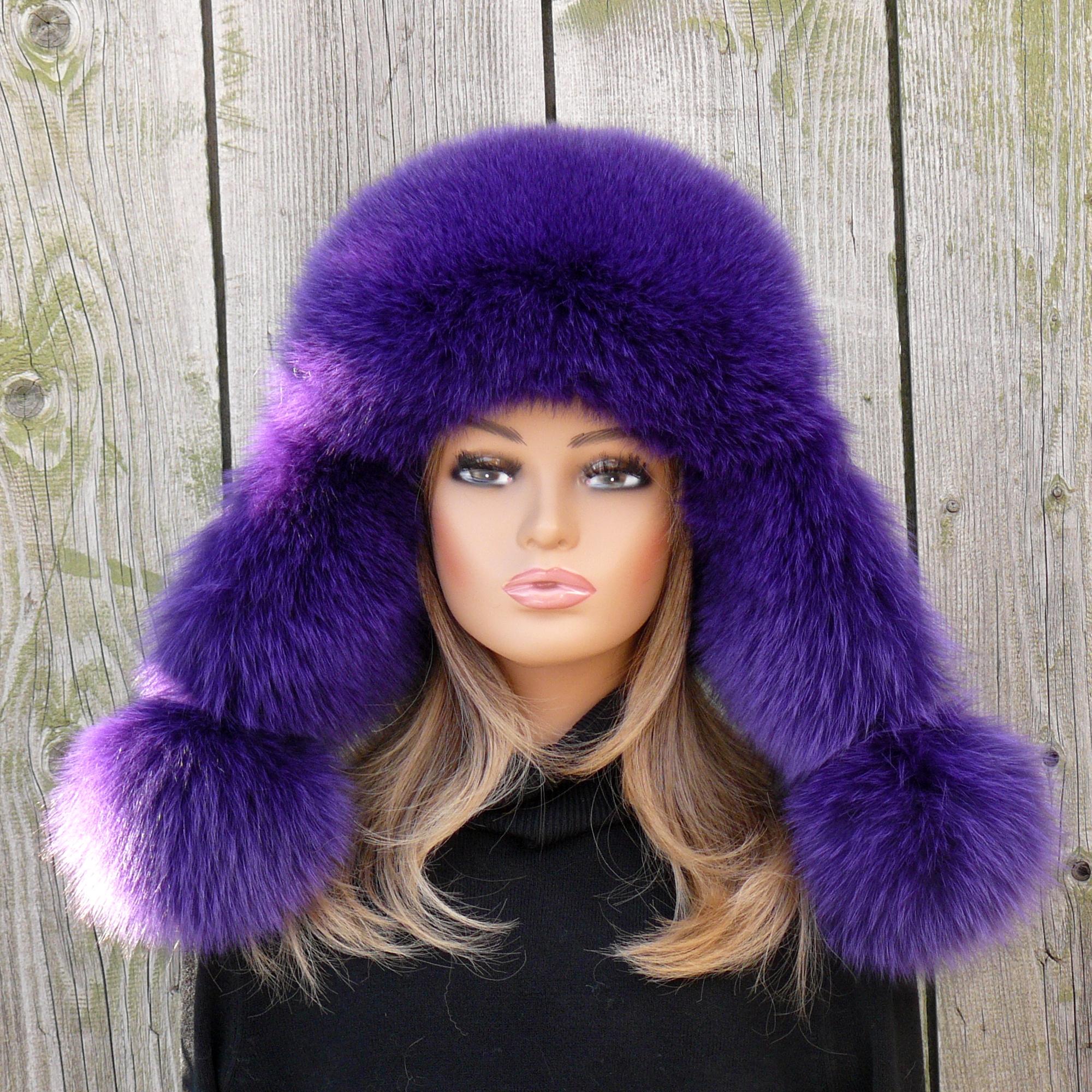 Women\'s Purple and Gray Fur Trimmed Hat NWT Purple beanie hat with multicolor shades: FurHatWorld main image 4