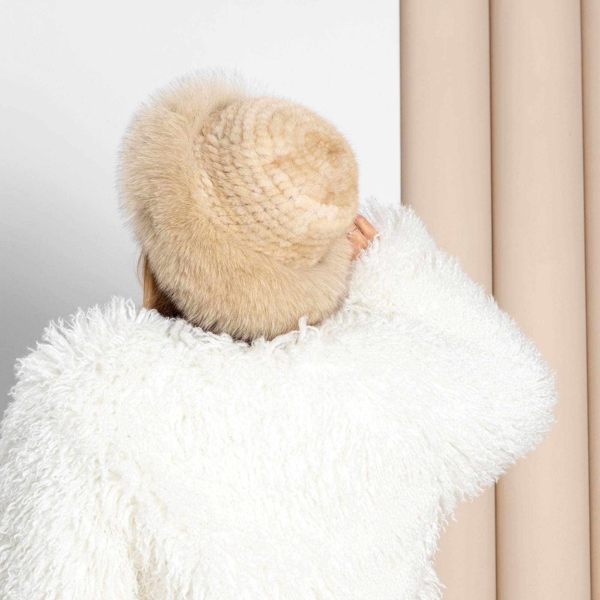 Mink Hat Women, Real Fur Knitted Hat With Fox Fur Trim 