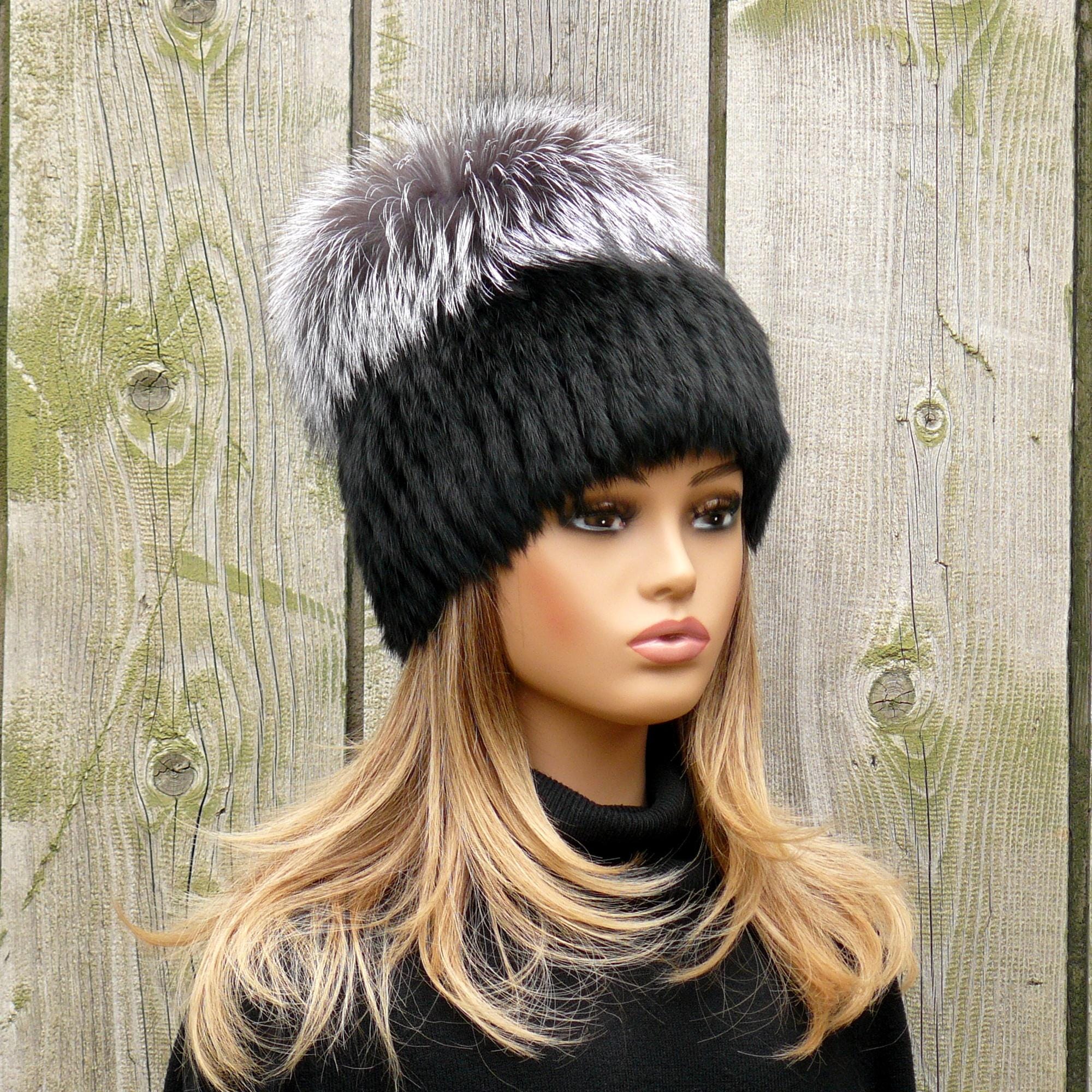 Knitted Rabbit Fur Women's Trapper Hat Silver Top, Pom Pom Winter