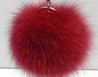 Rode pom pom sleutelhanger, Pompom bont sleutelhanger, Pluizige pom pom tas charme, Fox fur sleutelhanger, Fuzzy ball portemonnee charme, Harige bal charme Harige sleutelhanger