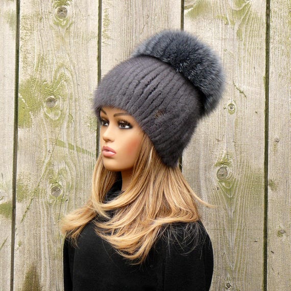 Gray Fur Pom-Pom Beanie mink Sapphire Mink Fur Beanie with Fox Fur Pom Pom main image 2