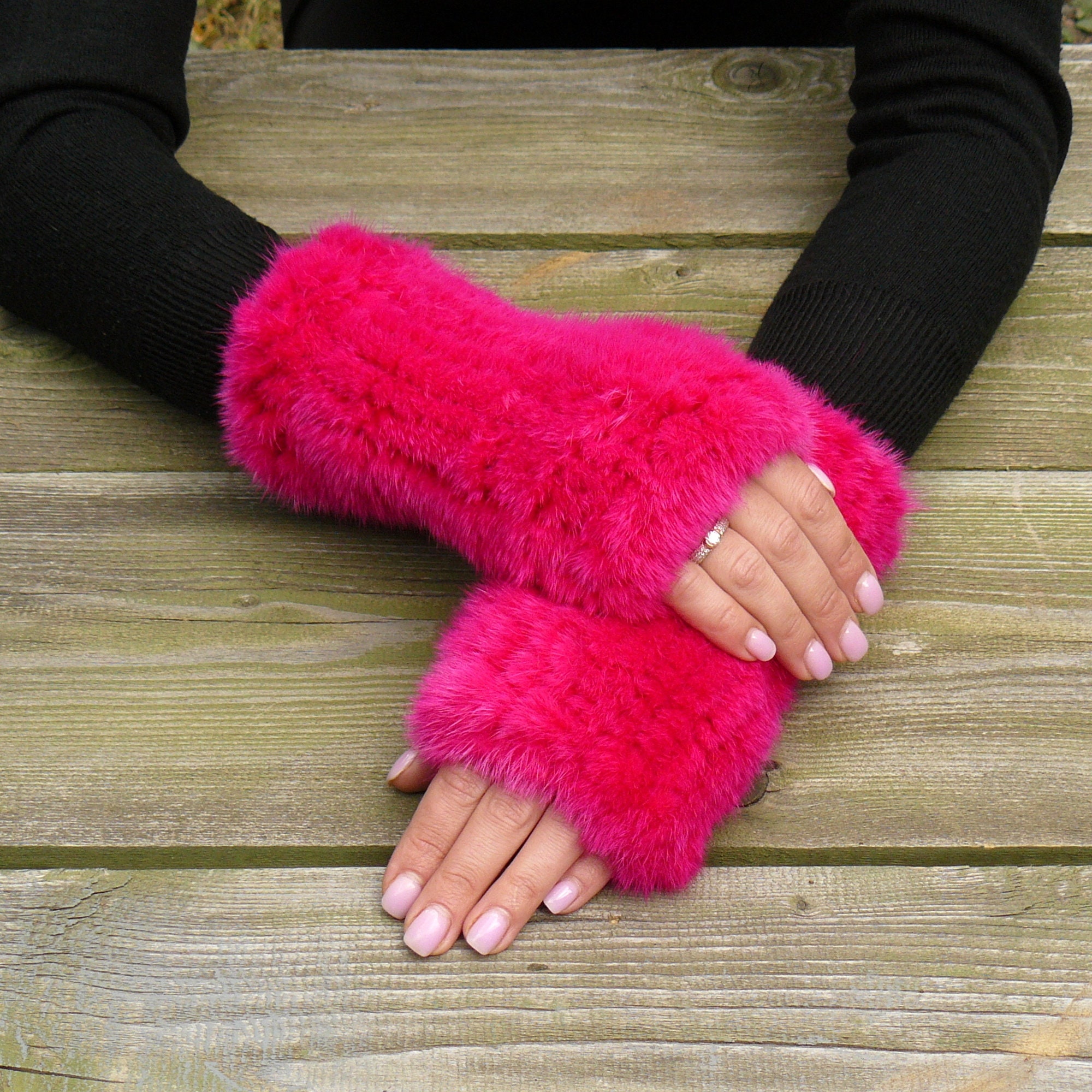 Hot Pink Fingerless Gloves Woman, Real Mink Fingerless Mittens