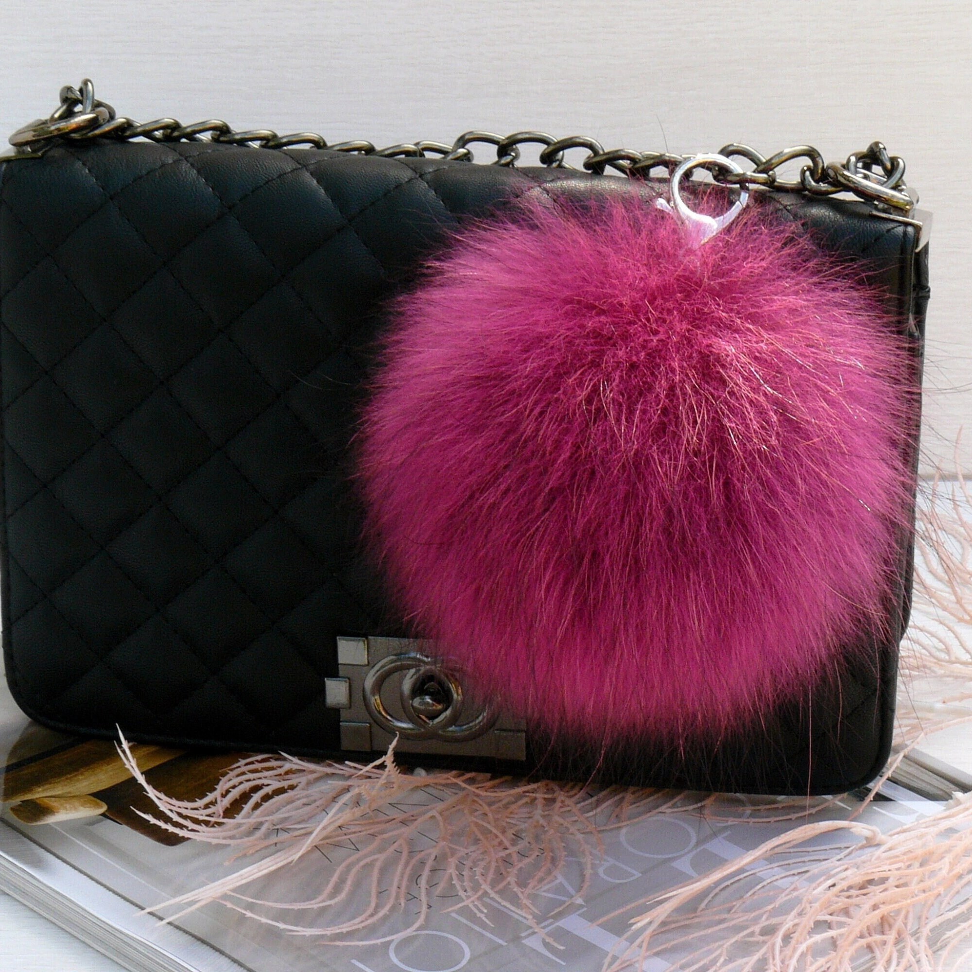 Portachiavi In Vera Pelliccia Di Procione | Pom Pom Grande 15 Cm Con Nappa | Accessorio Borsa Unisex