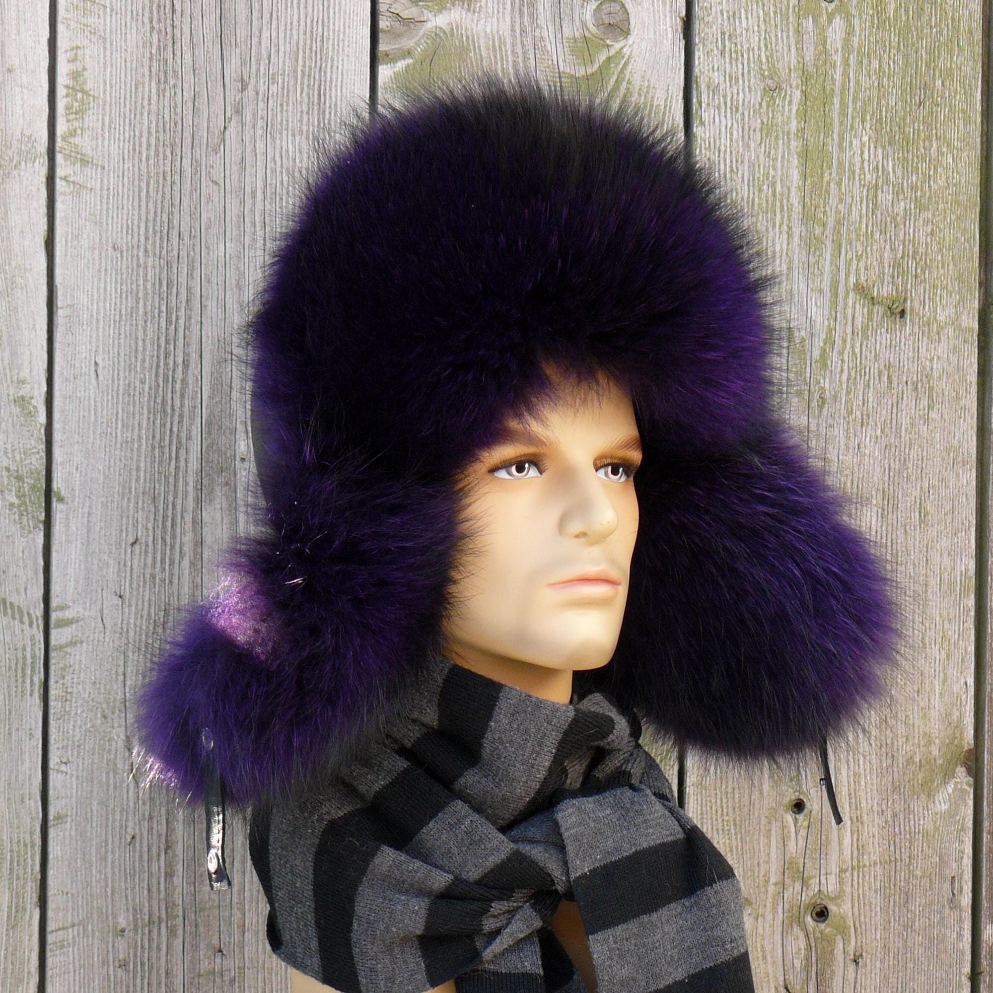 Surell Black and Purple Quilted Fur Hat Real Fur Trapper Hat for Men, Purple Raccoon Fur Hat, Warm  main image 3