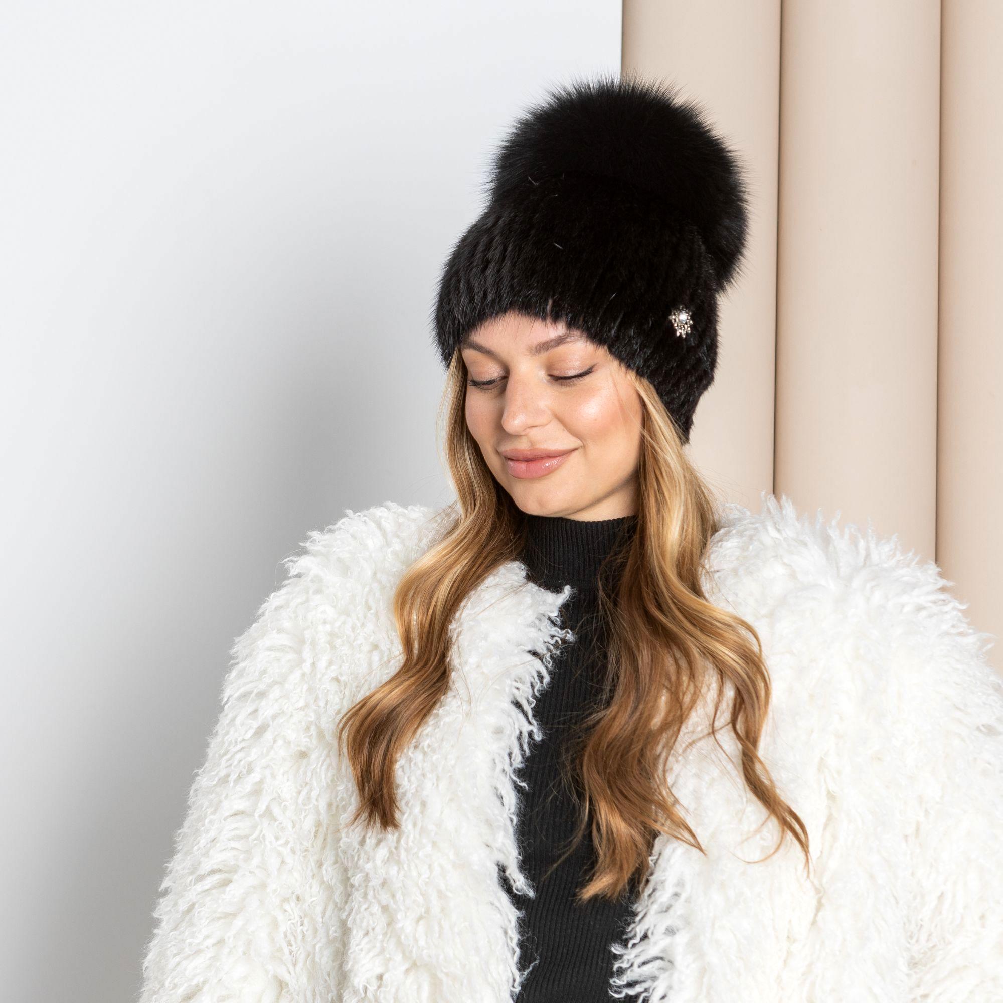 Black dyed Knitted Ranch Mink Fur Hat with Rose Black Mink and Fox Fur Hat, Luxuriously Soft and Cozy  main image 3