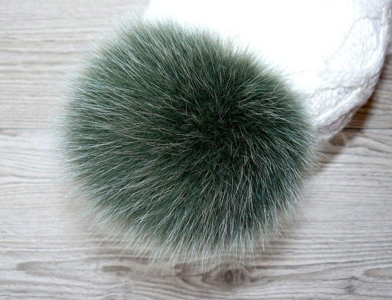 Genuine Fur Pom Pom, Green Furry Pompon for Hat, Fluffy Fur Ball with Ribbon, Fur Bommel, Real Fur Accessories, Cute Decor For Winter Hat image 1