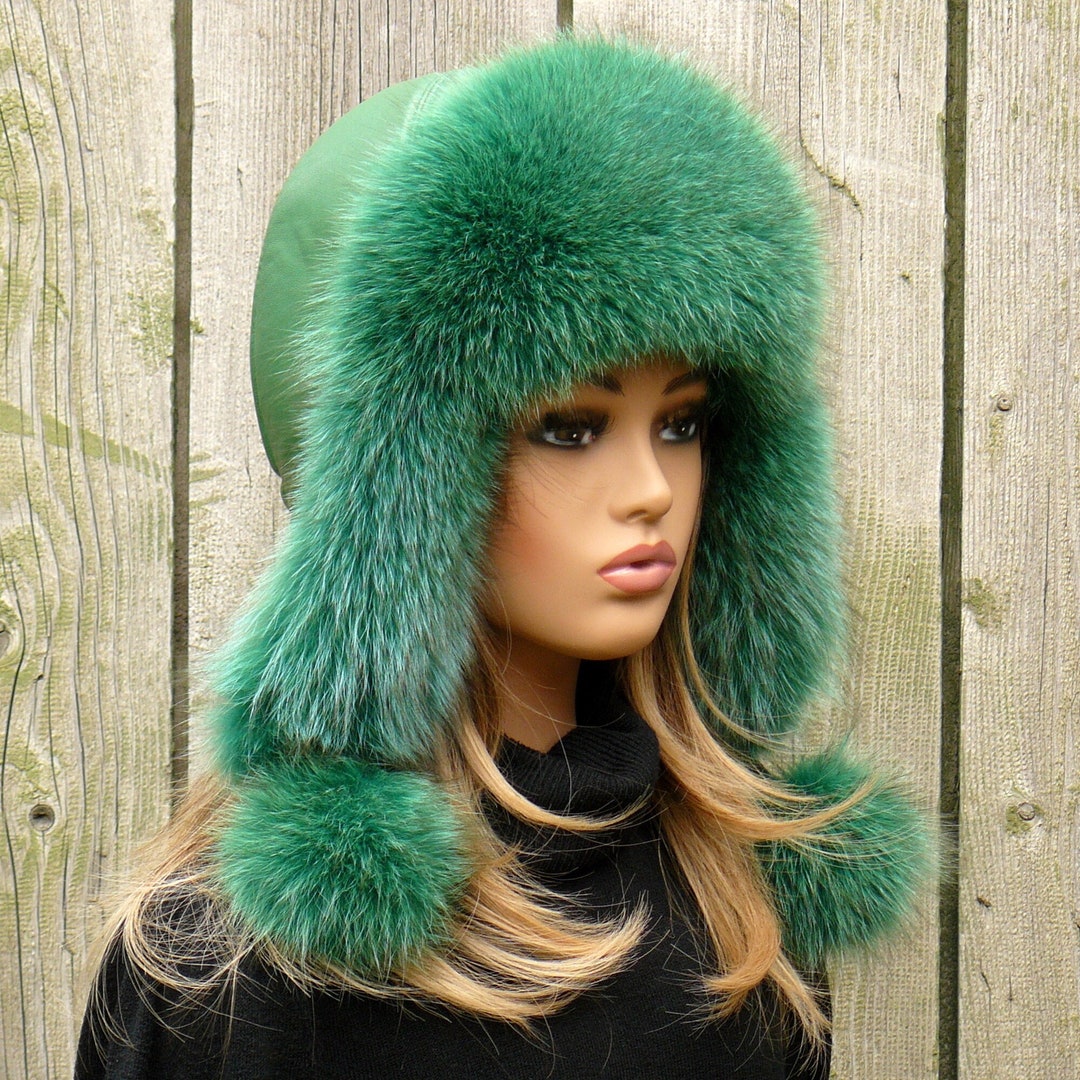 Green Fur Hat Women Fox Fur Hat Real Fur Trapper Hat Large Etsy