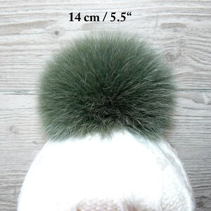 Genuine Fur Pom Pom, Green Furry Pompon for Hat, Fluffy Fur Ball with Ribbon, Fur Bommel, Real Fur Accessories, Cute Decor For Winter Hat 14 cm / 5.5"