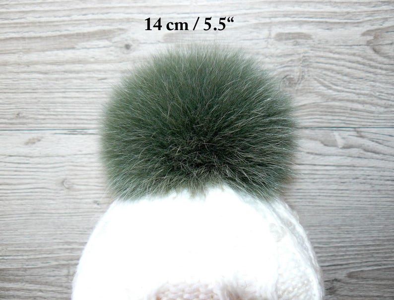 Genuine Fur Pom Pom, Green Furry Pompon for Hat, Fluffy Fur Ball with Ribbon, Fur Bommel, Real Fur Accessories, Cute Decor For Winter Hat 14 cm / 5.5"