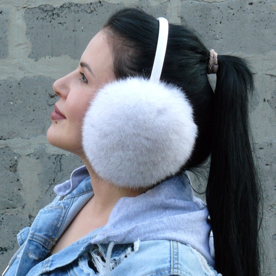 White Fox Fur Earmuffs Women, Real Fur Ear Muffs, Big Fluffy  display picture 2
