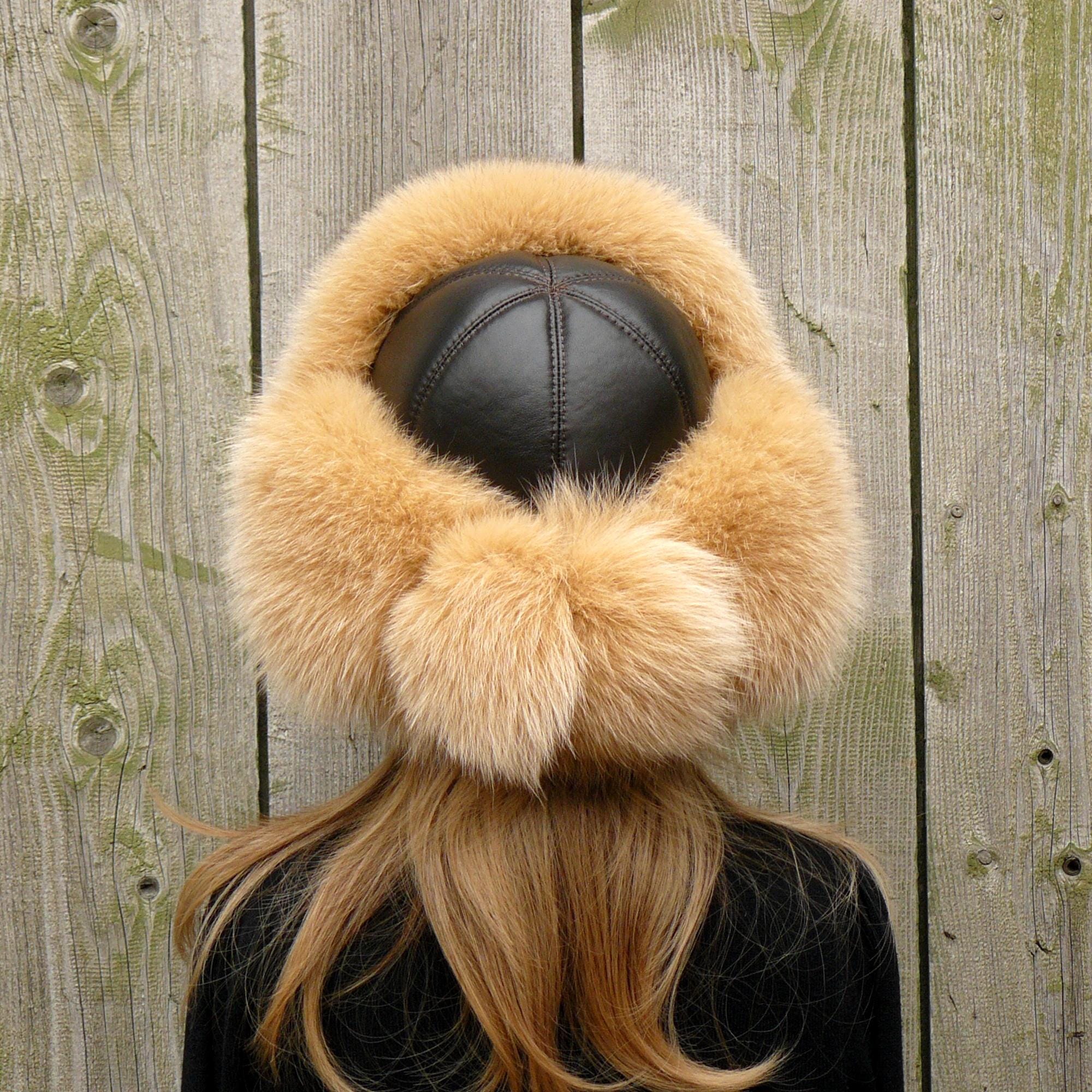 Beige Fox Fur Trapper Hat With Dark Brown Leather, Aviator