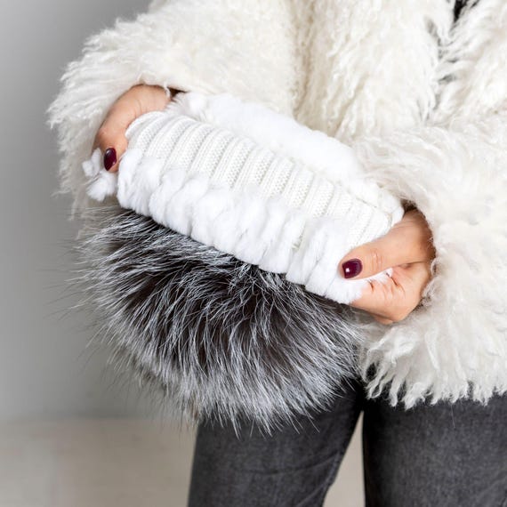 Silver Rabbit Fur Beanie With Fox Pom Pom, Real Fur Hat  display picture 1