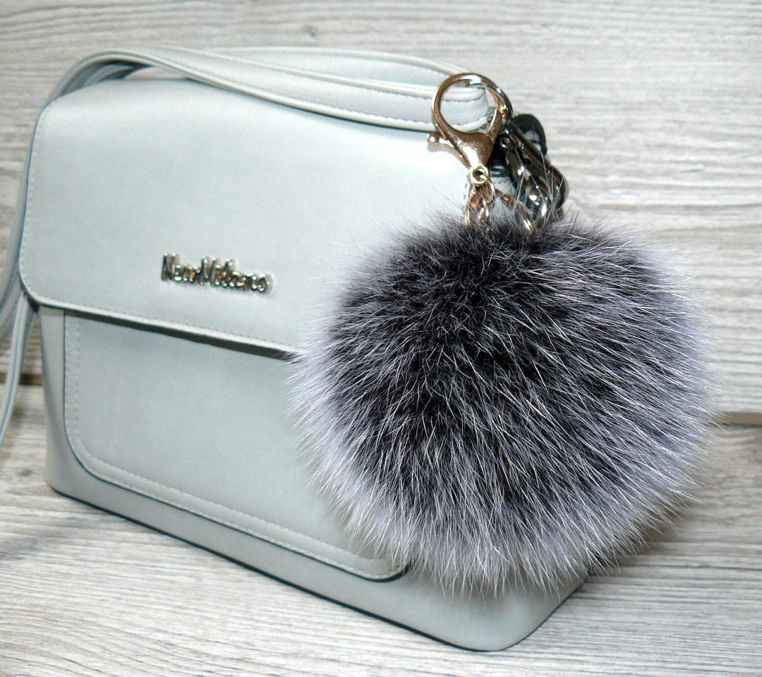 Real Fur Pompom Keychain Furry Key Chain Bag Charm Silver - Etsy