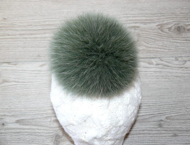 Genuine Fur Pom Pom, Green Furry Pompon for Hat, Fluffy Fur Ball with Ribbon, Fur Bommel, Real Fur Accessories, Cute Decor For Winter Hat image 9