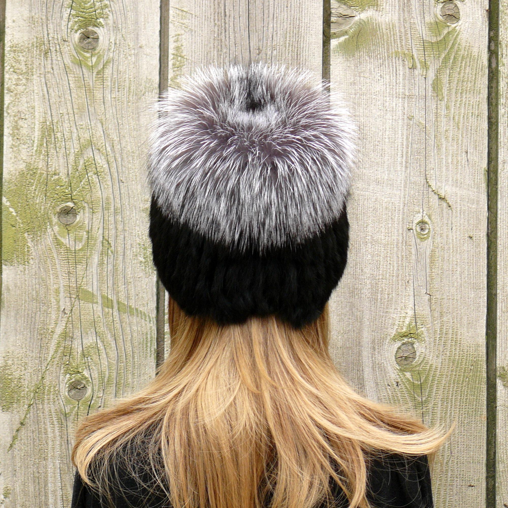 Black Rabbit Fur Hat Women, Rabbit Fur Beanie, Hat With 