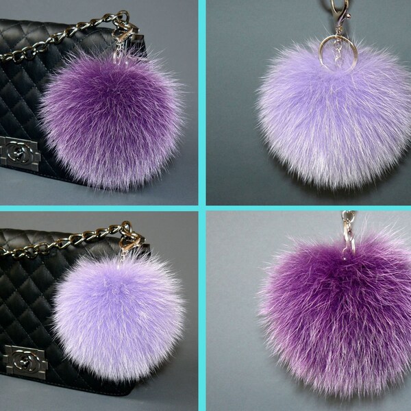 Purple fur keychain, Lilac furry ball bag charm, Lavender fluffy key fob, Real fox fur pompom, Fur ball key ring, Fuzzy purse charm for her