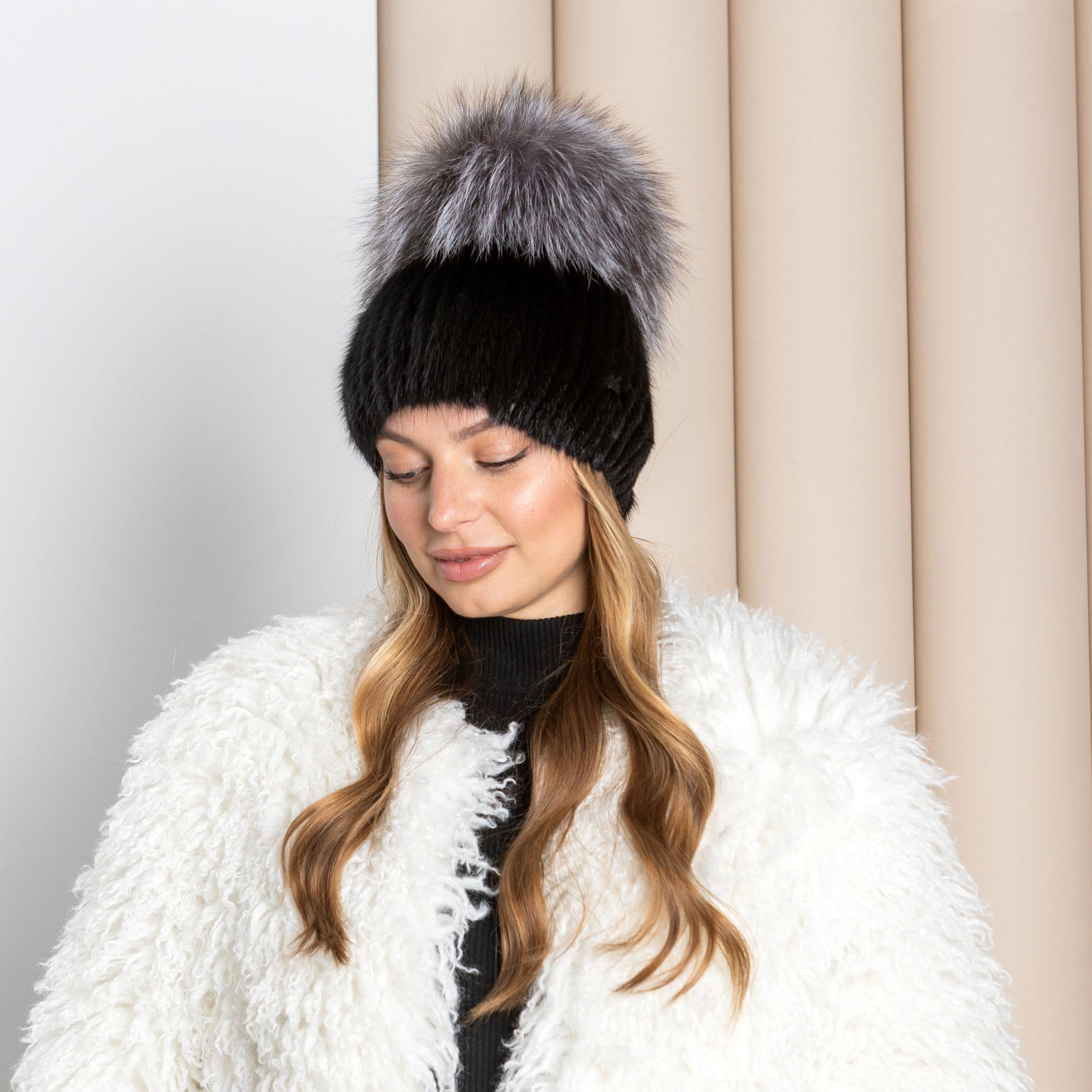 Jocelyn Silver and Black REAL FOX FUR Pom-pom Hat Womens main image 2