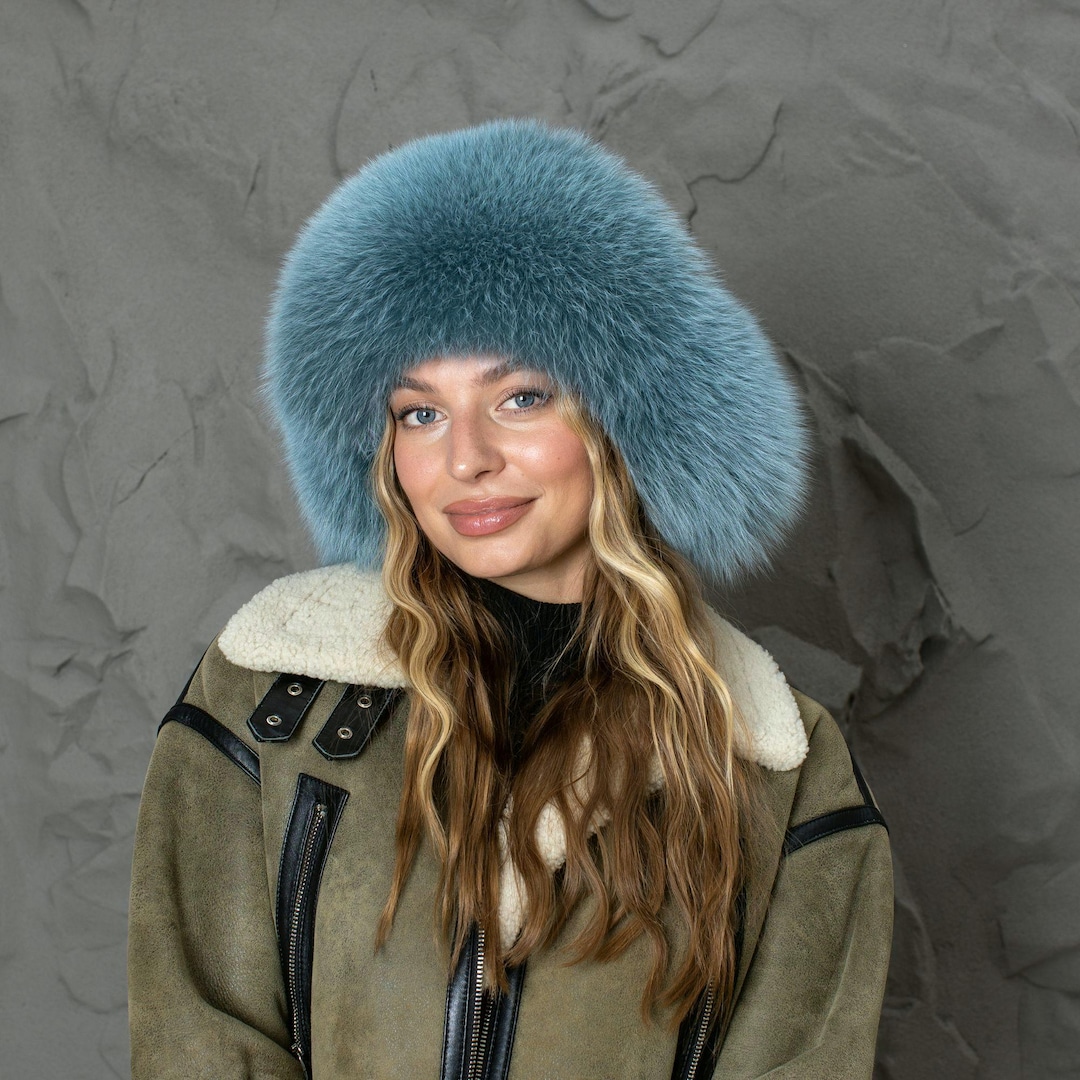 Teal Fur Trapper Hat, Oversized Fox Fur Hat With Ear Flaps