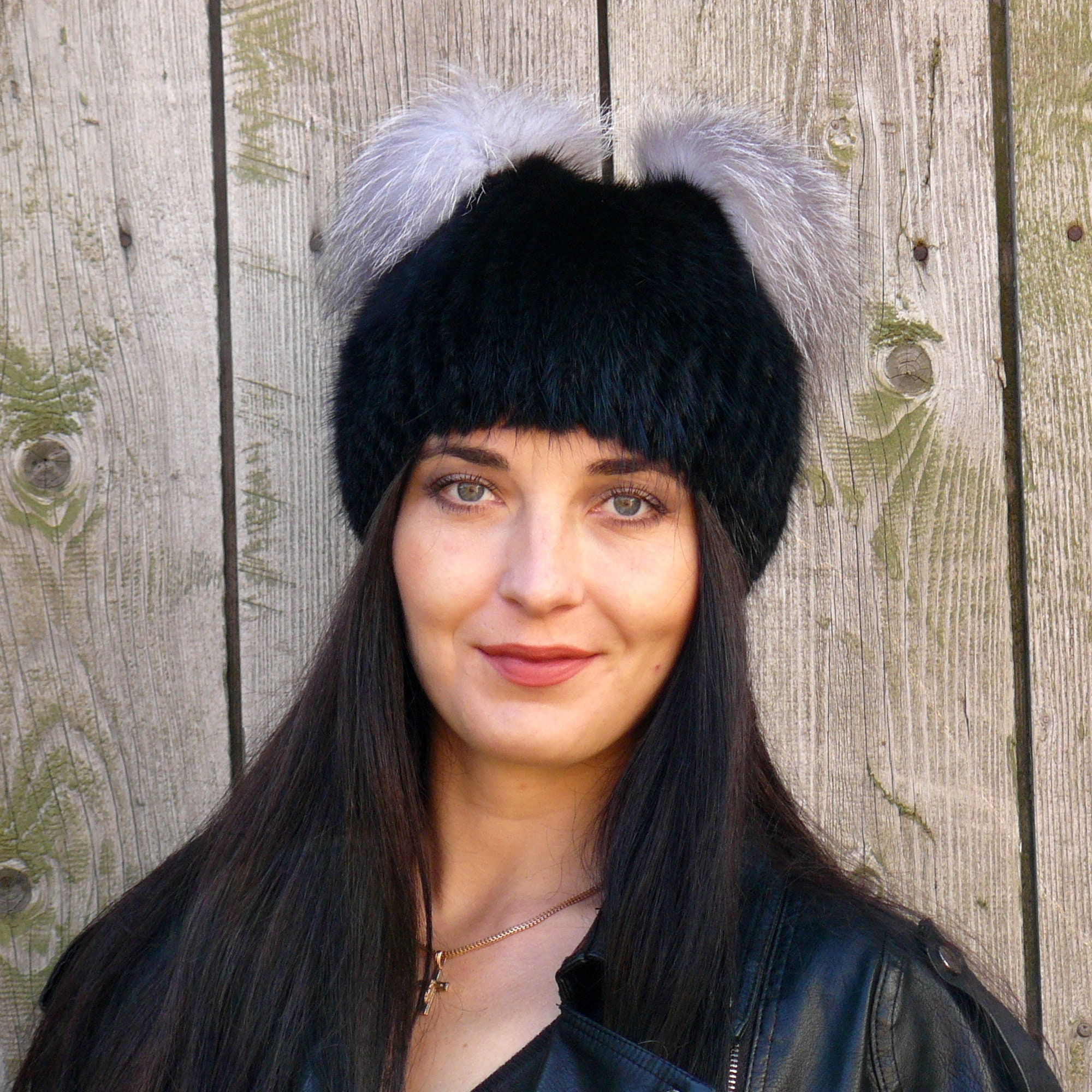 Saga Furs Black Knit Hat with Fur Pom Belle Knit Mink Beanie Hat with Fox Fur Pom Pom in Black  main image 2