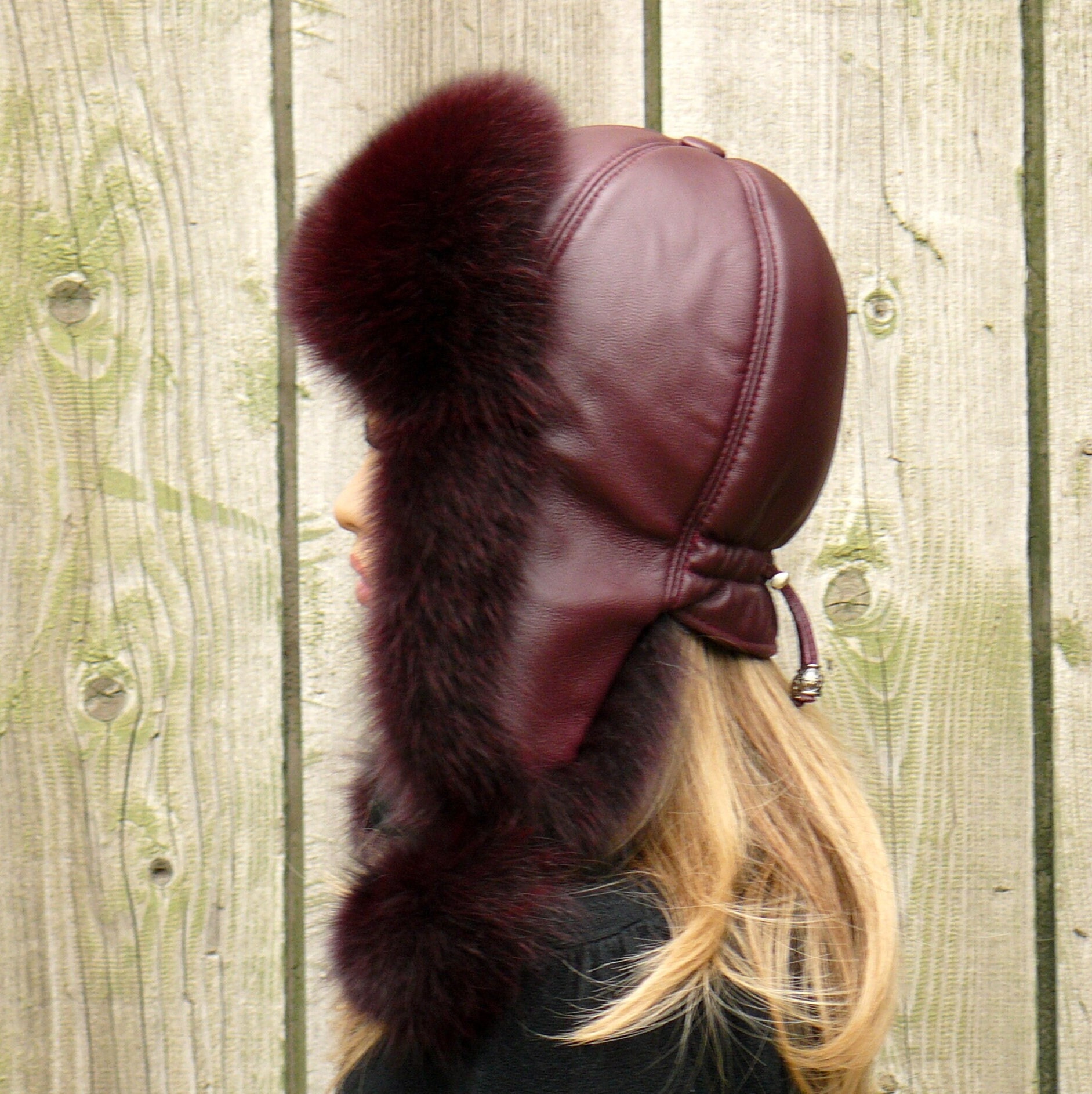 Burgundy Fox Fur and Suede Trapper Hat Finland Fox Fur Hat Saga Furs Ushanka Hat Burgundy Red Fur  main image 2