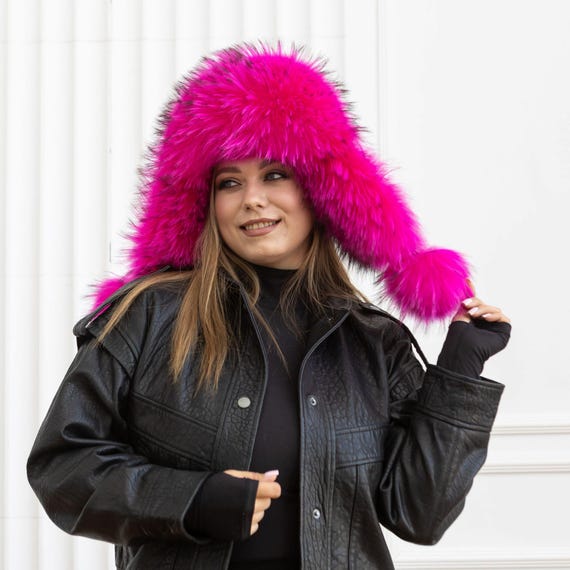 Hot Pink Trapper Hat for Her, Fluffy Hat With Earflaps, Real