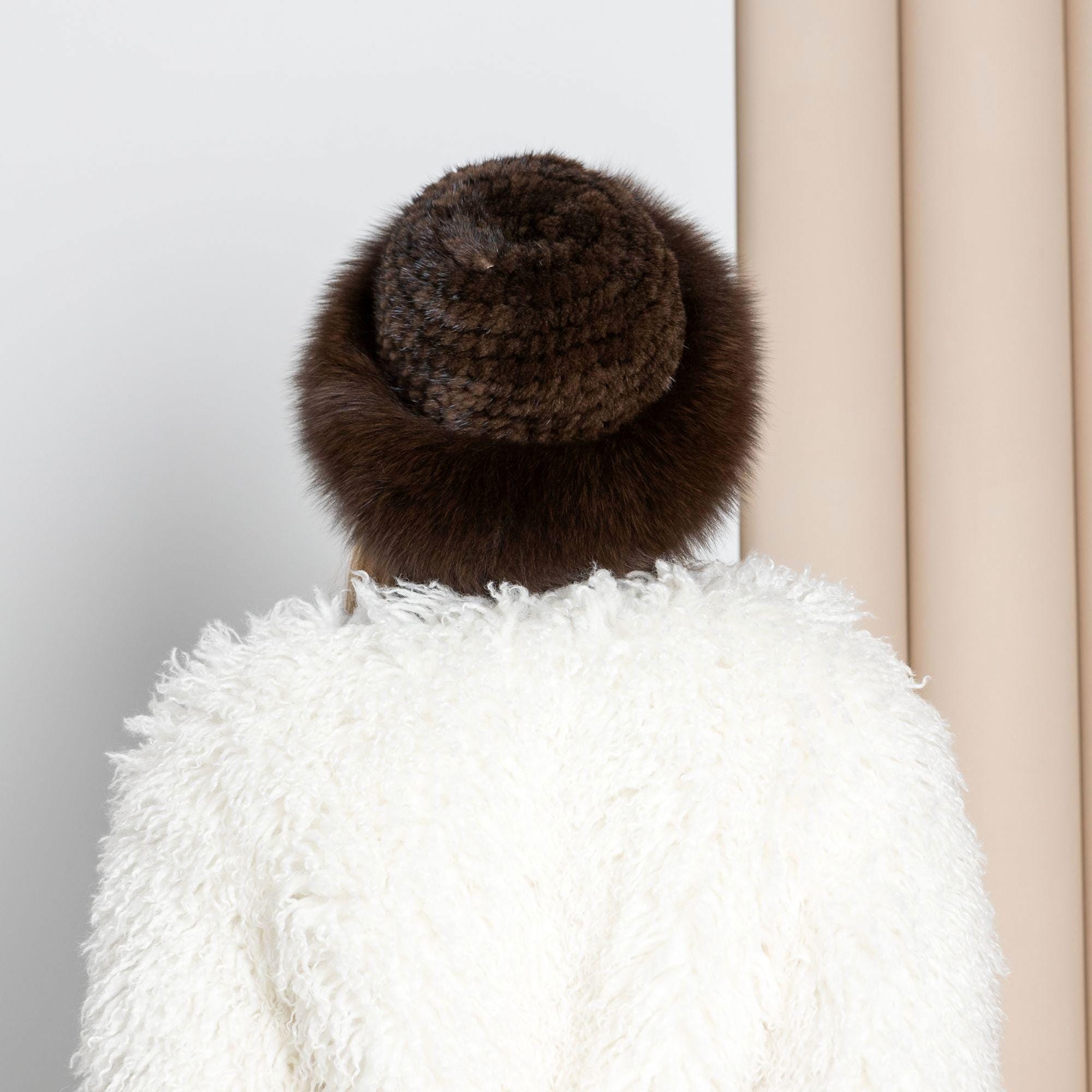 Mink Hat Women, Real Fur Knitted Hat With Fox Fur Trim, Fluffy
