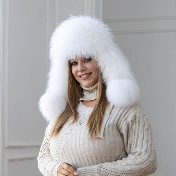 Snow White Raccoon Fur Trapper Hat, Oversized Furry Hat Wit