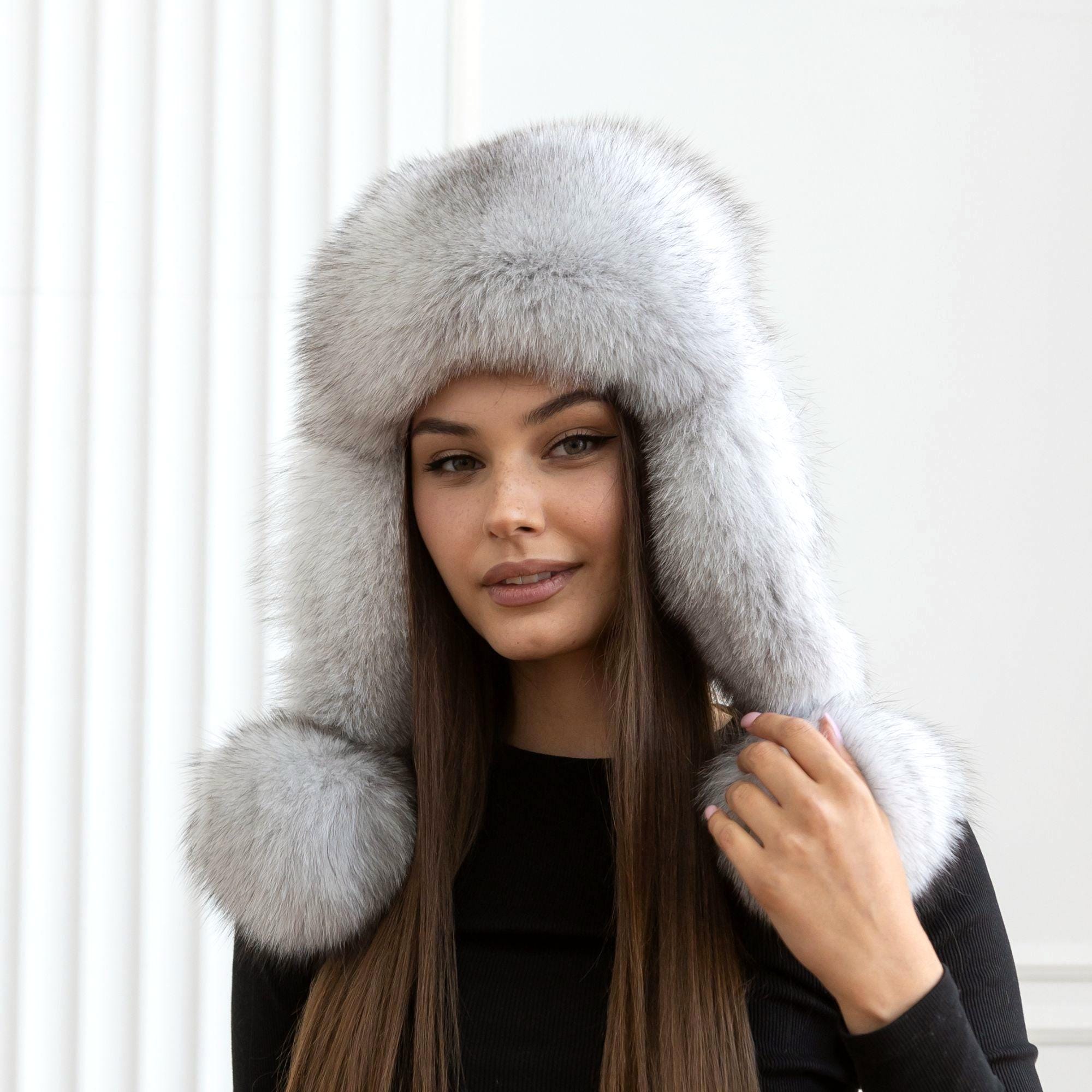 White Fox Fur Trapper Hat With Ear Flaps, Real Black Leather