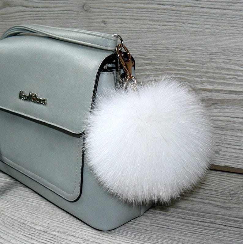 Genuine Fur Keychain Bag Charm, Fuzzy Keyring, Real Fur Key Chain, White Fluffy Accessory, Handbag Charm, Purse Charm image 4