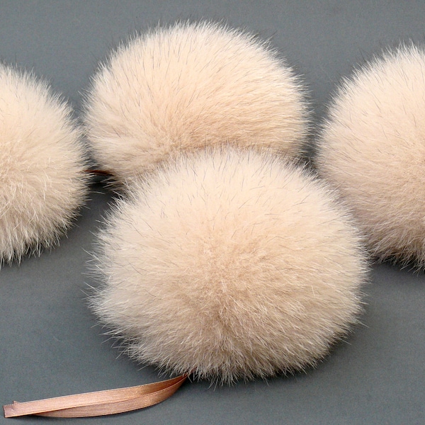 Cream fur pom pom for hat, Real fur pompom, Fluffy detachable pompons, Fuzzy ball for for crafts, Fluffy bommel, Genuine fox fur pom pom