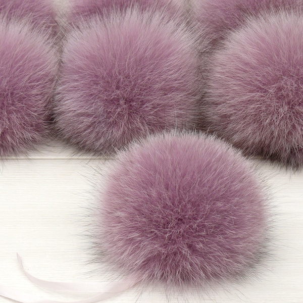 Lavender fur pom pom for hat, Fluffy violet pompom, Real fur ball, DIY detachable pom pon, Fluffy pompon, Fuzzy bommel