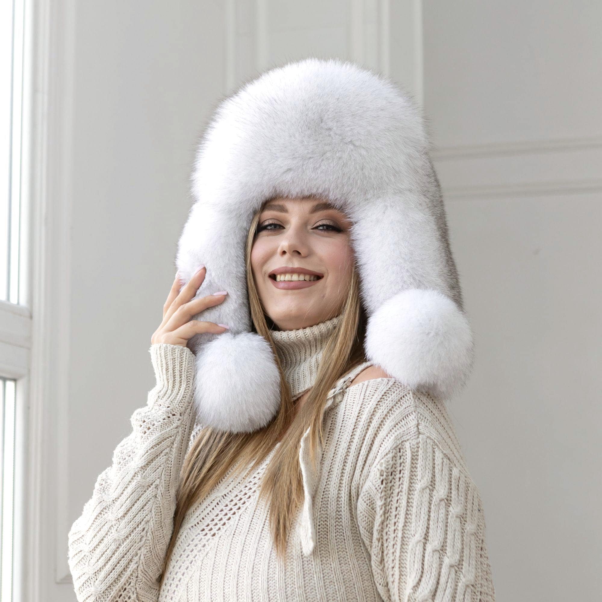 Women Fox Fur Trapper Hat Winter Natural Fur Hat with Tail Ladies Crystal Fox Full Fur Russian Hat: FurHatWorld.com main image 4