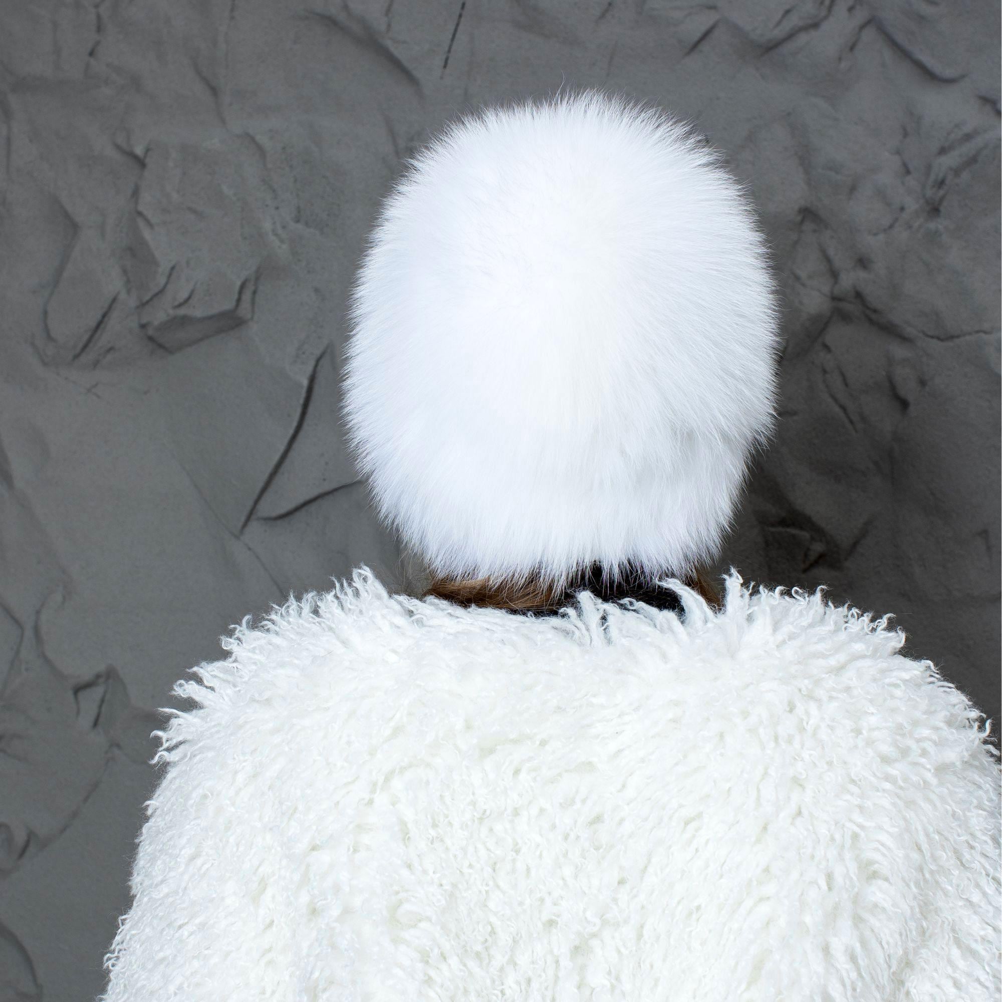 White Real Fox Fur Winter Hat, Ladies Fluffy Beanie, Oversized