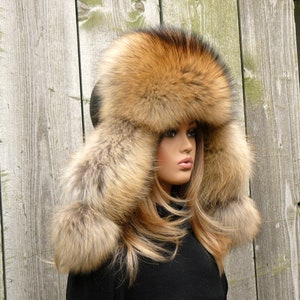 Oversized raccoon trapper hat women, Fluffy aviator hat, Fur bomber hat, Leather trapper hat, Warm fur hat, Fuzzy ushanka, Winter headwear