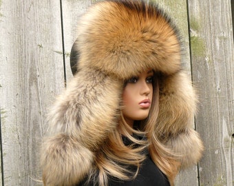 Oversized raccoon trapper hat women, Fluffy aviator hat, Fur bomber hat, Leather trapper hat, Warm fur hat, Fuzzy ushanka, Winter headwear