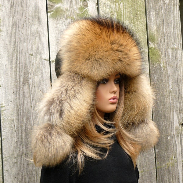 Oversized raccoon trapper hat women, Fluffy aviator hat, Fur bomber hat, Leather trapper hat, Warm fur hat, Fuzzy ushanka, Winter headwear