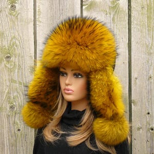 Raccoon Fur Hat for Women, Leather Winter Hat, Handmade Fluffy Fur Hat, Earflap Hat for Cold Weather, Yellow Fur Hat, Women&#39;s Aviator Hat