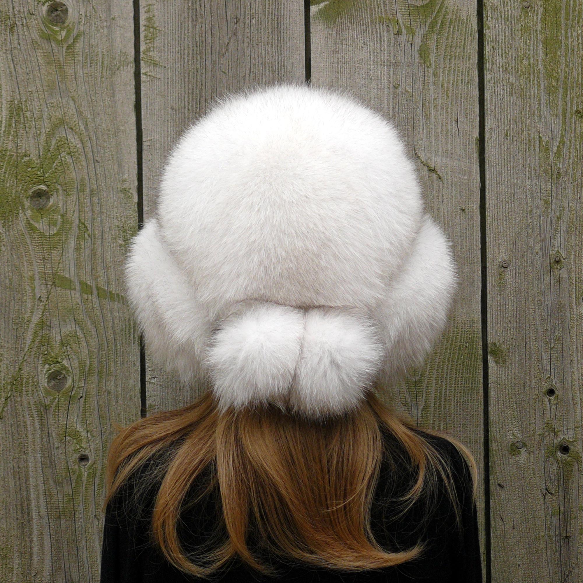 White Real Arctic Fox Fur Trapper Hat With Ear Flaps, One 