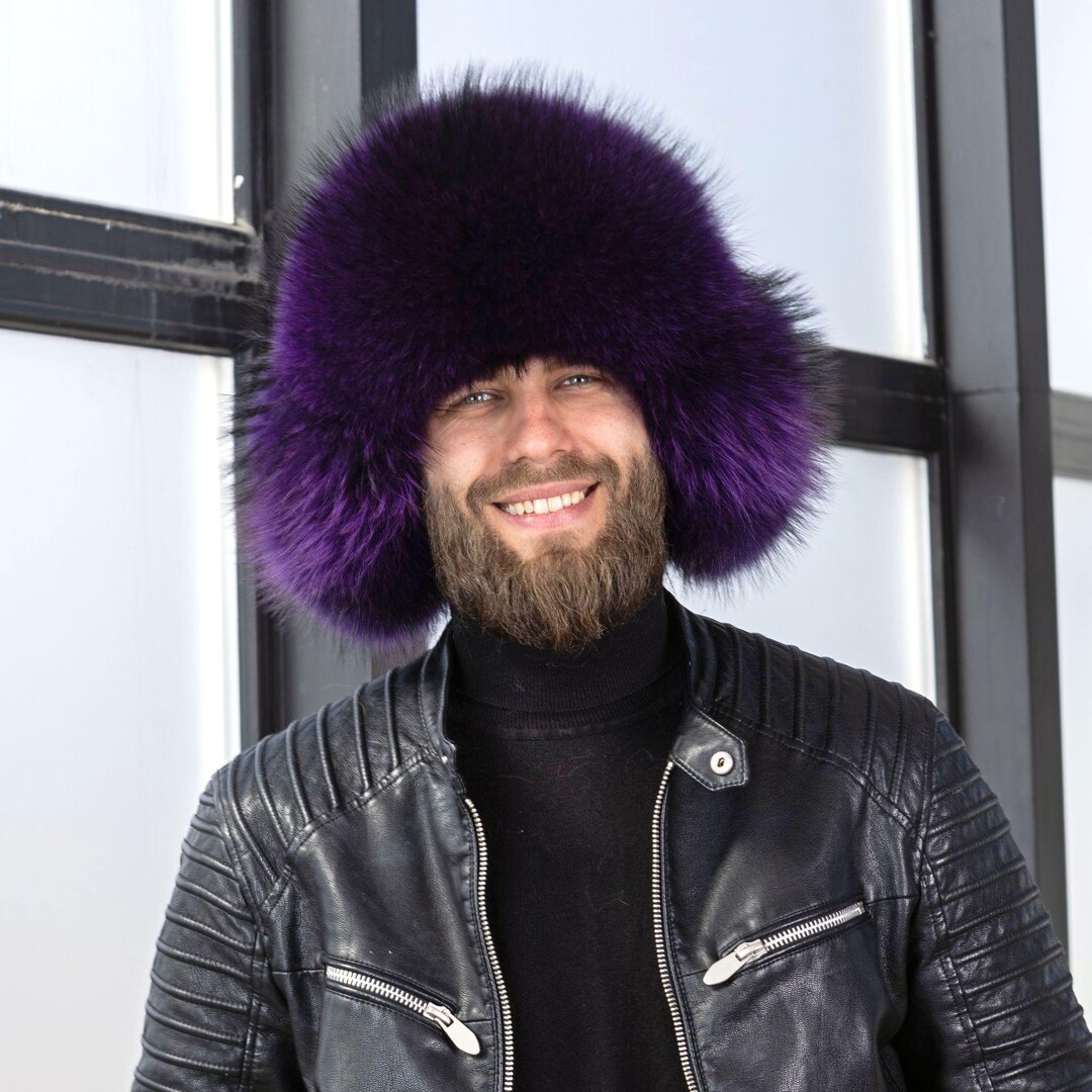 Real Fur Trapper Hat for Men, Purple Raccoon Fur Hat, Warm Winter