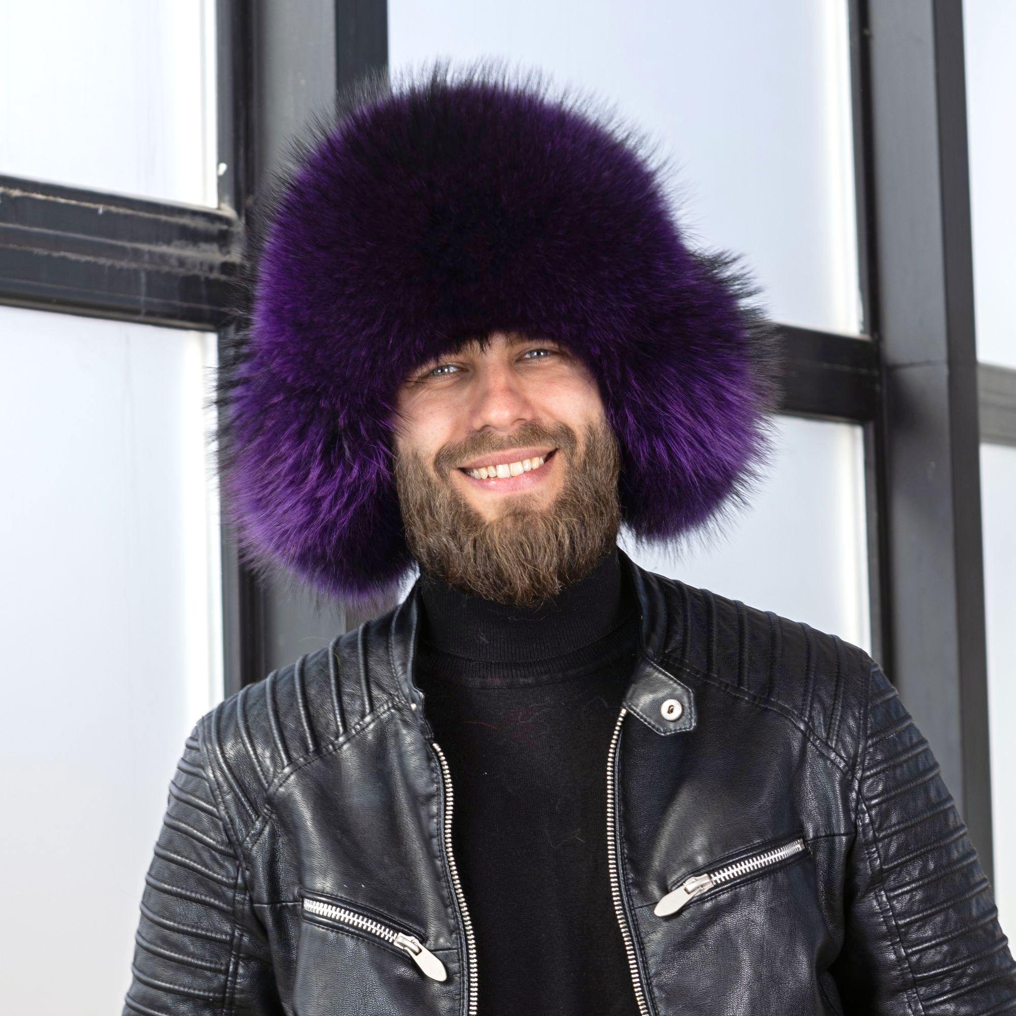 Real Fur Trapper Hat for Men, Purple Raccoon Fur Hat, Warm Winter